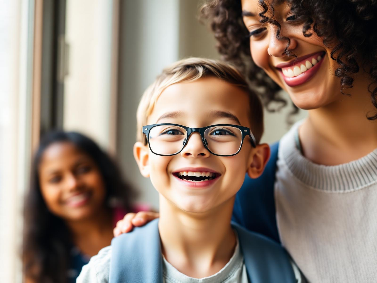 Enfant portant des lunettes de prescription avec sa famille