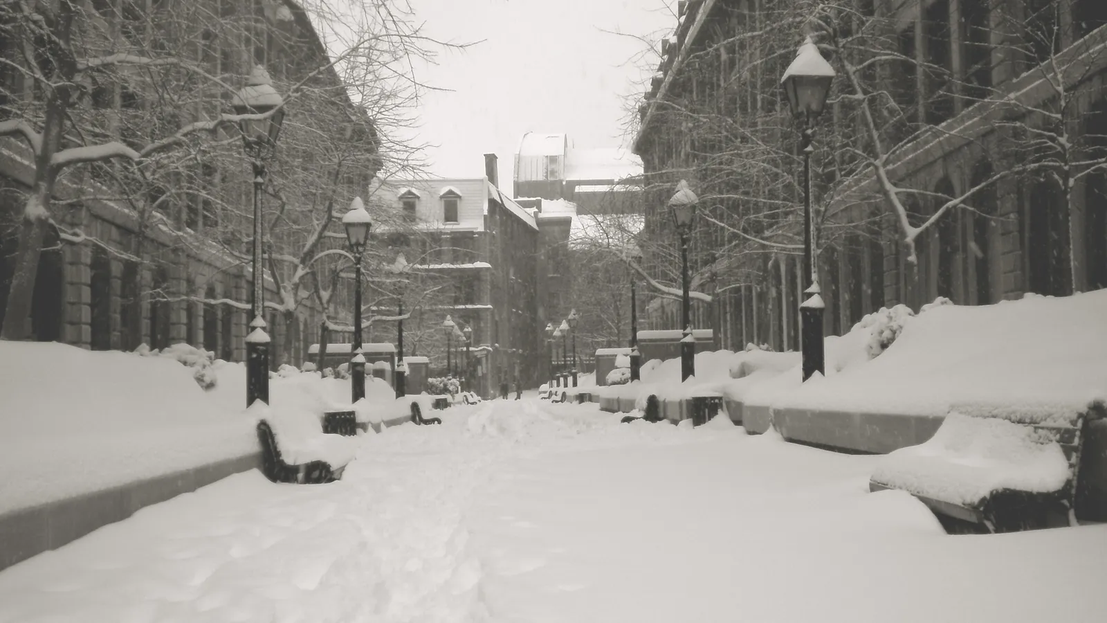 Snow-covered street in Old Montréal in winter