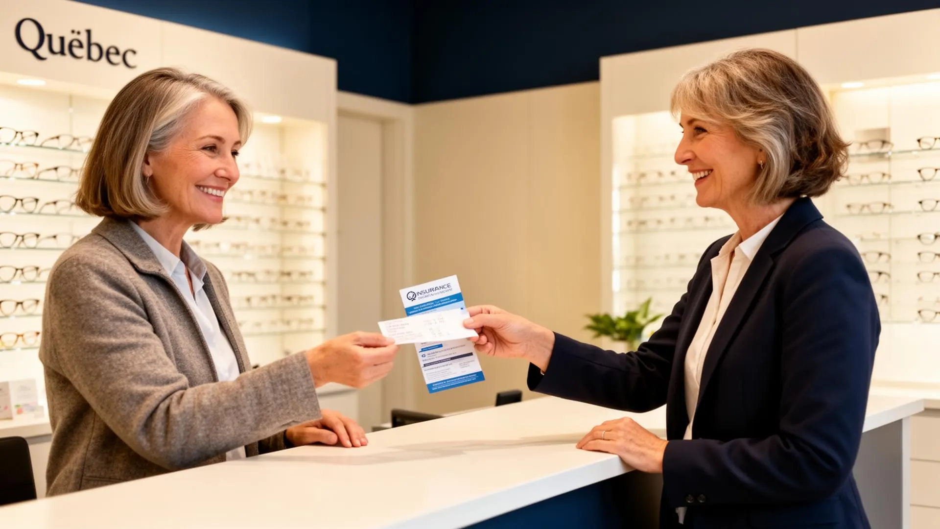 Optométriste remettant un reçu d'assurance à une cliente Vision770